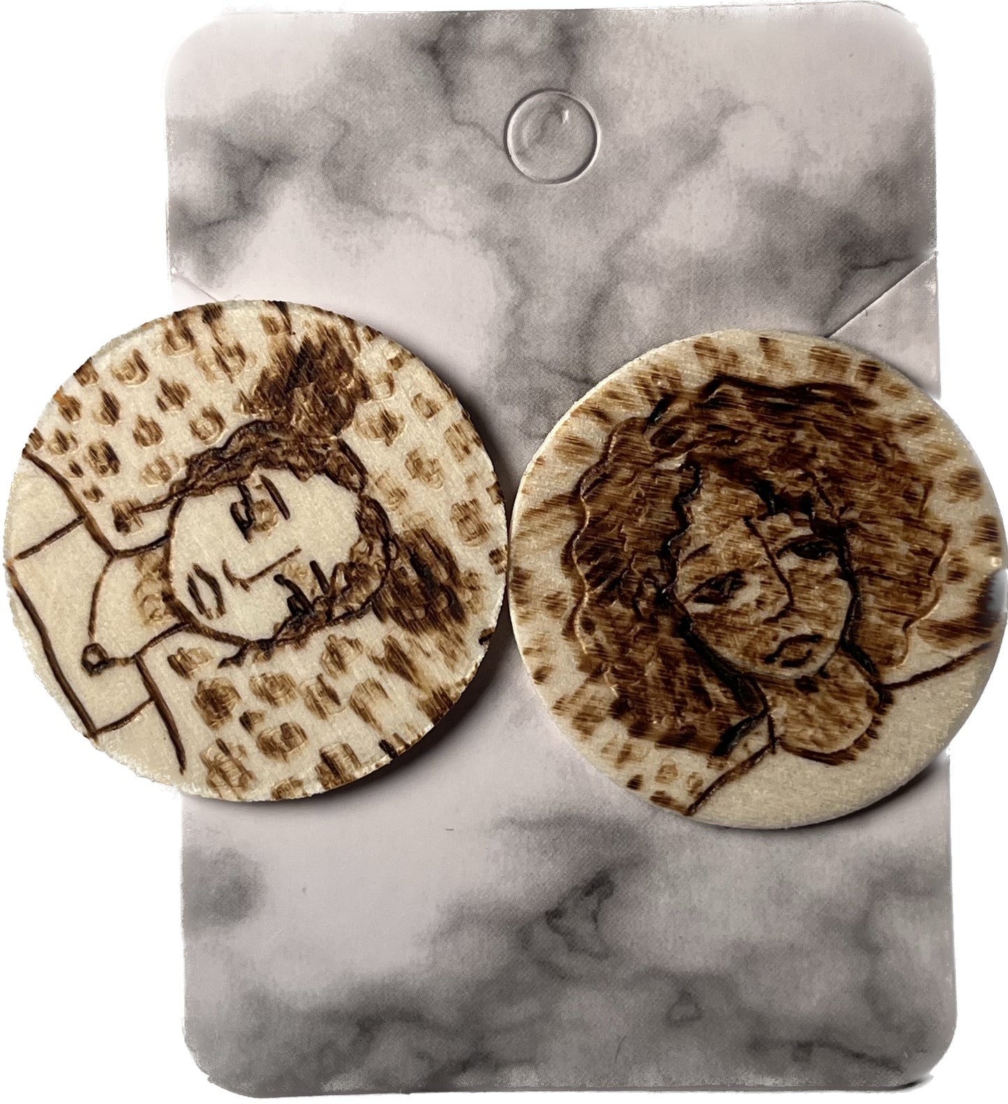 "Cousins" (wood-burning stud earrings)