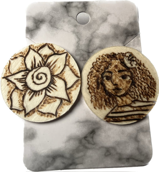 "rose flower woman" (wood-burning earring studs)