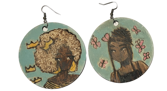 "Twins" Mixed media and wood-burned earrings